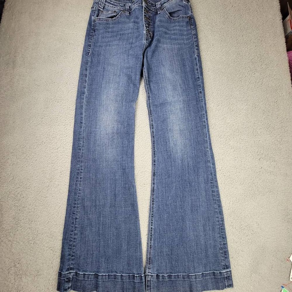 Rock And Roll Cowgirl Jeans Womens 32 Blue Trouser Flare Stretch Whiskered